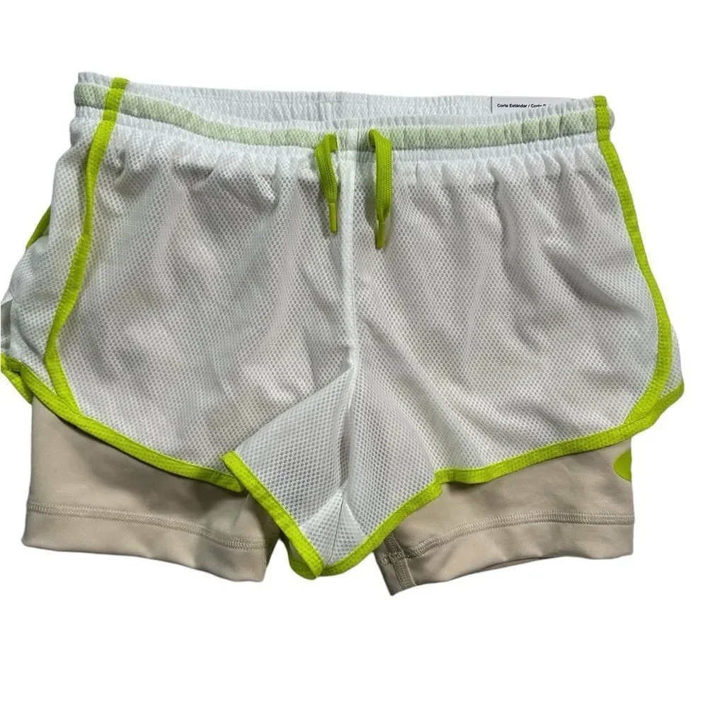 NWT NIKE Girls Dri Fit Tempo 2 in 1 Athletic Shorts White/Tan - Size Medium